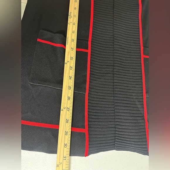 Mistook Sz Small Black Open Front Longline Cardigan With Red Trim Front Pockets - Picture 9 of 11